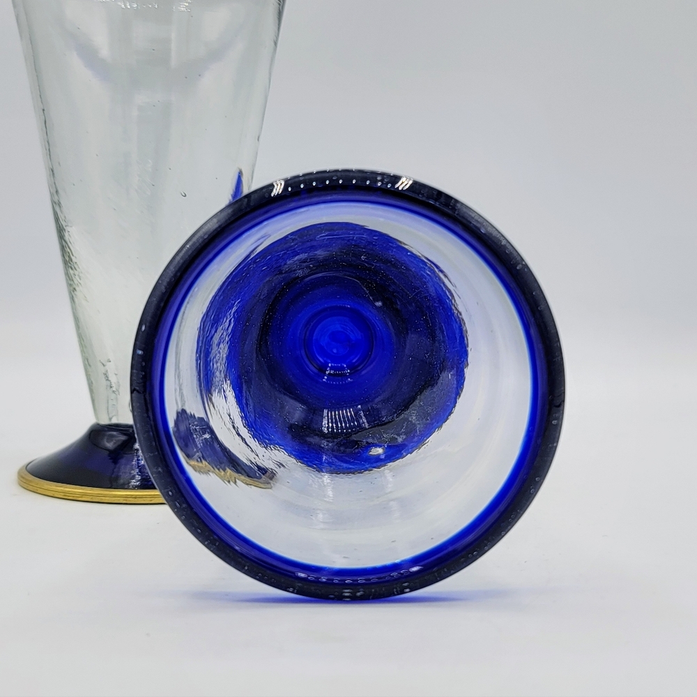 Hand Blown Mexican Pilsner Glasses Set of 2 Blue Rim Bubble Beer Rustic Barware - Picture 6 of 11